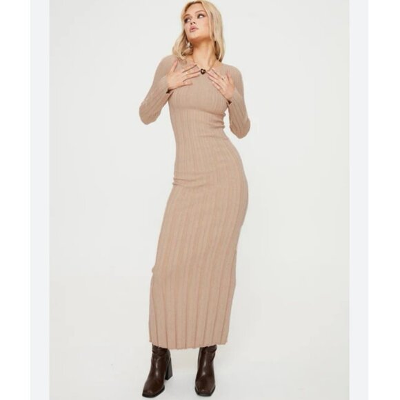 Princess Polly Tesha Long Sleeve Ribbed Knit Maxi Dress Size XS/S Beige Tan - Picture 2 of 10